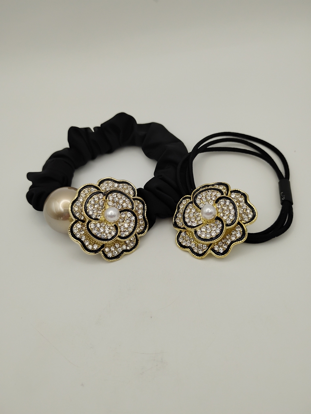 Black Pearl and Crystal Flower Hair Tie Set